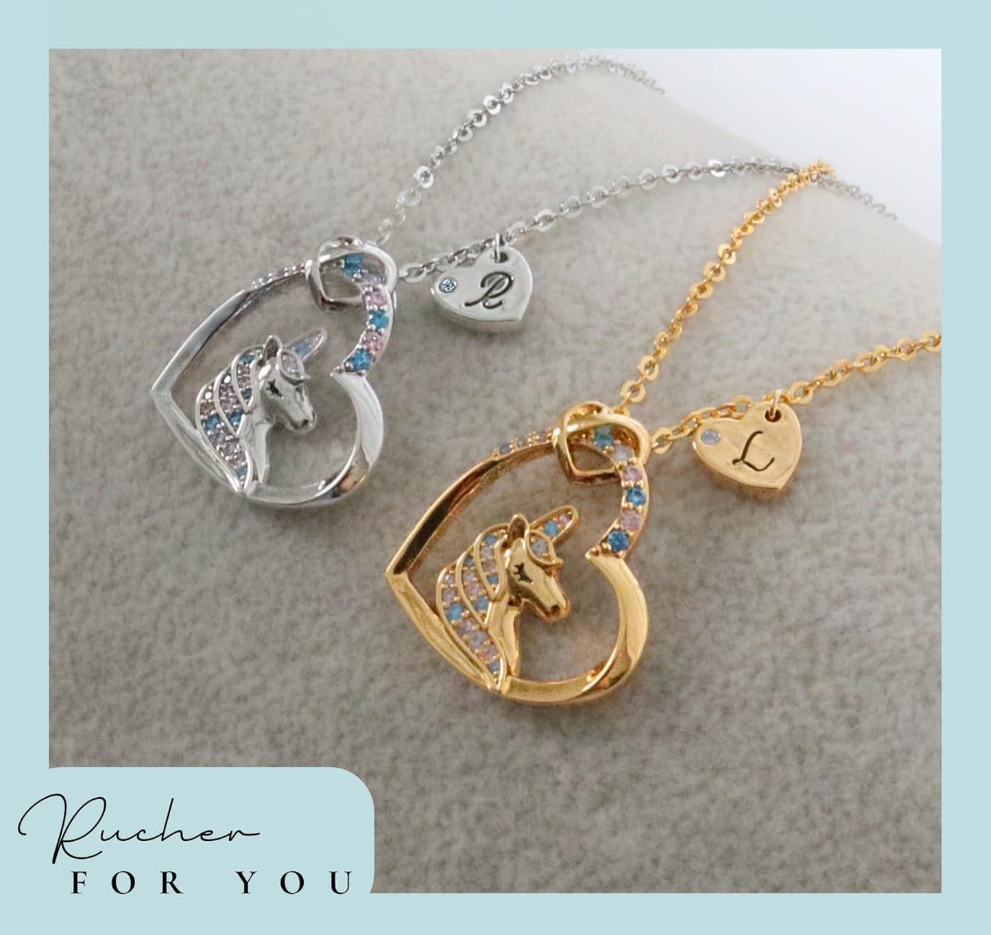 Unicorn Necklace for Girls Kids with Personalized Initial Heart Pendant, 18K Gold Fashion Jewelry for Girls, Colorful Heart Necklace for Birthday Gifts.