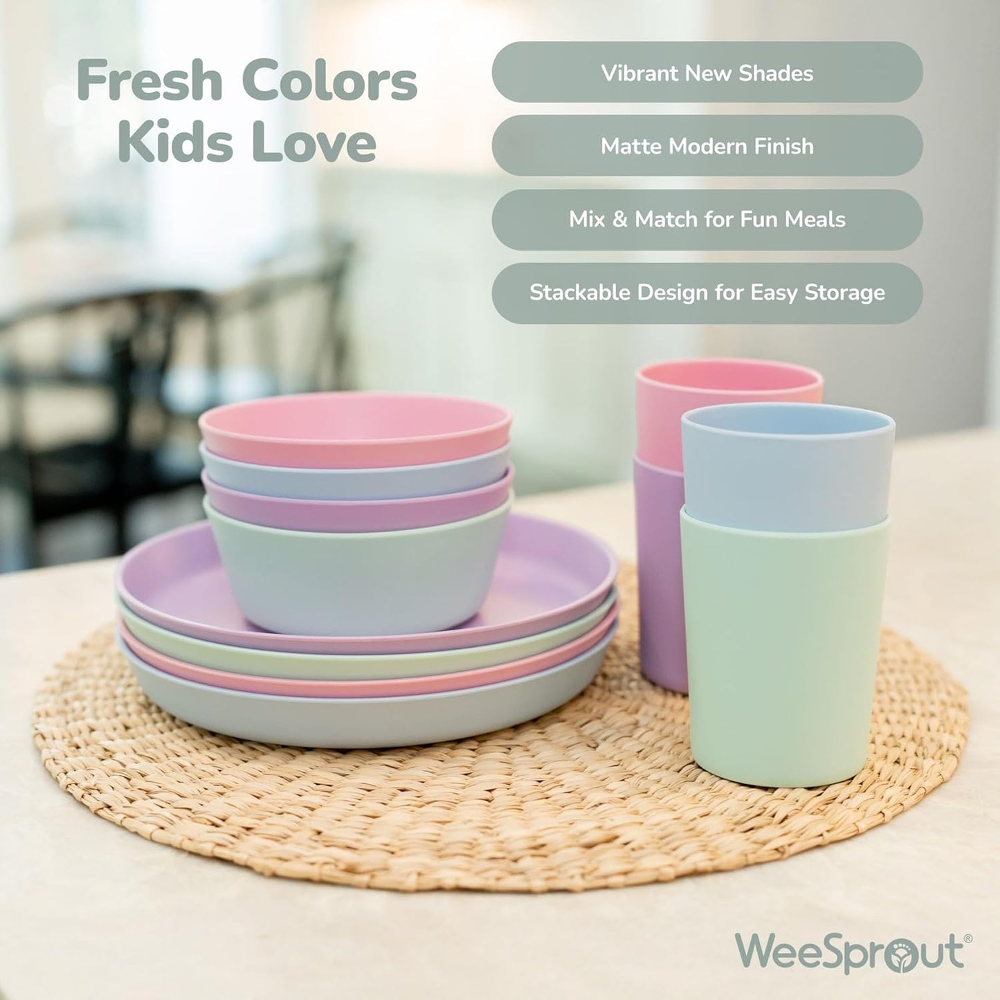 WeeSprout Bamboo Plates, Set of 4, Kid-Sized Dinnerware, Dishwasher Safe Melamine Dishware (Blue, Yellow, Orange, & Red, Without Lids)