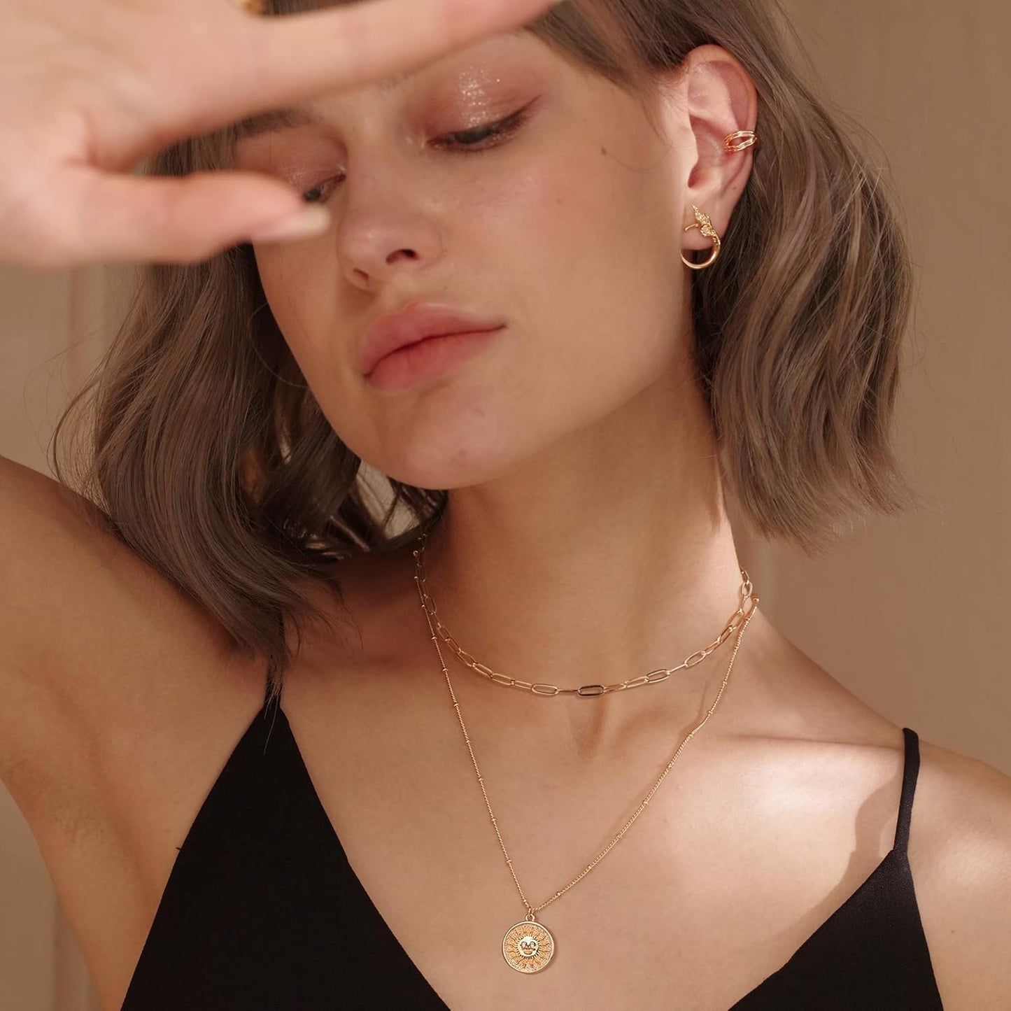 MEVECCO Layered Heart Necklace Pendant Handmade 18k Gold Plated Dainty Gold Choker Arrow Bar Layering Long Necklace for Women