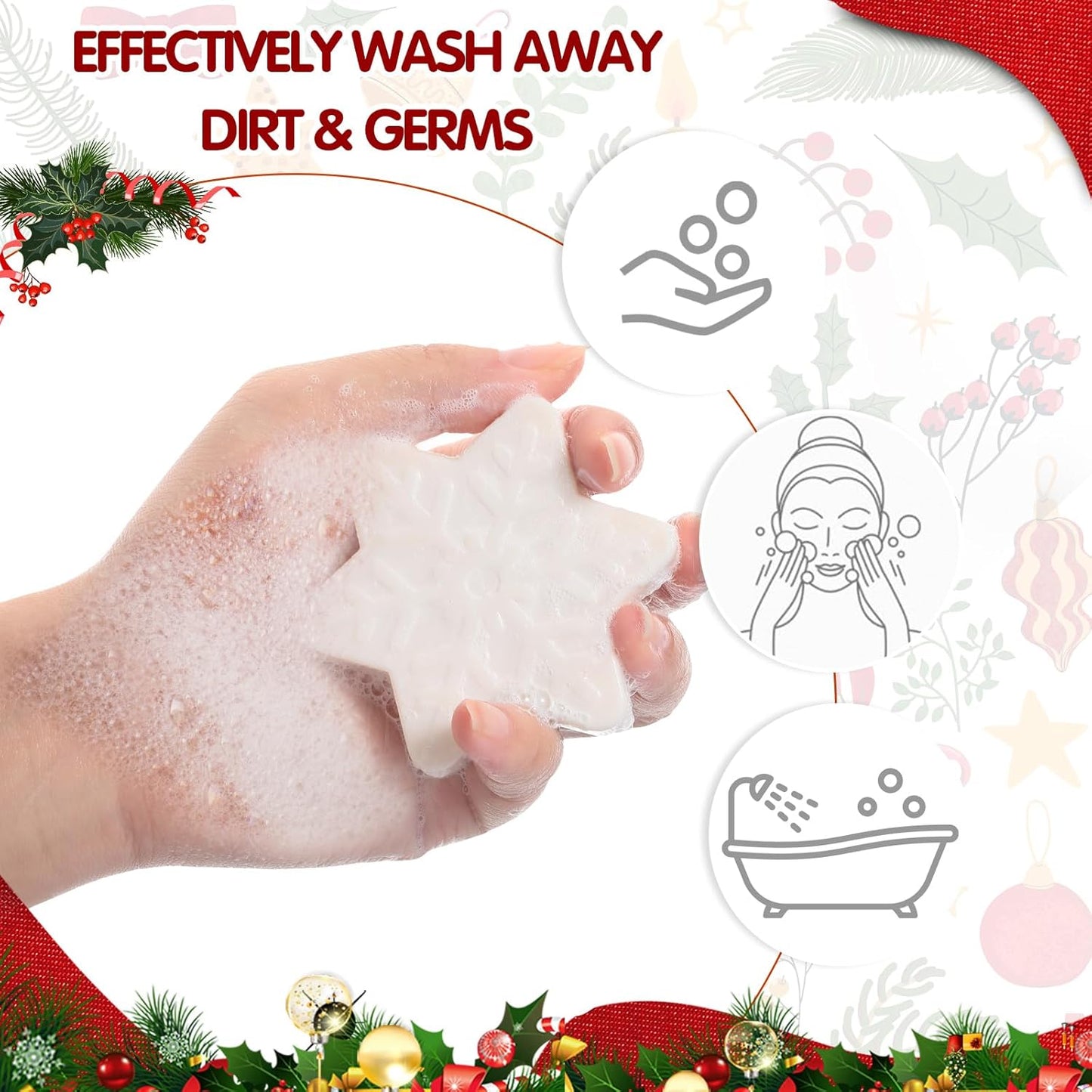 30 Set Christmas Soap Bar Gift Set Christmas Handmade Xmas Tree Santa Clause Gingerbread Snowflake Soaps Bulk Holiday Stocking Stuffer Party Favors for Bathroom(White,Snowflake)