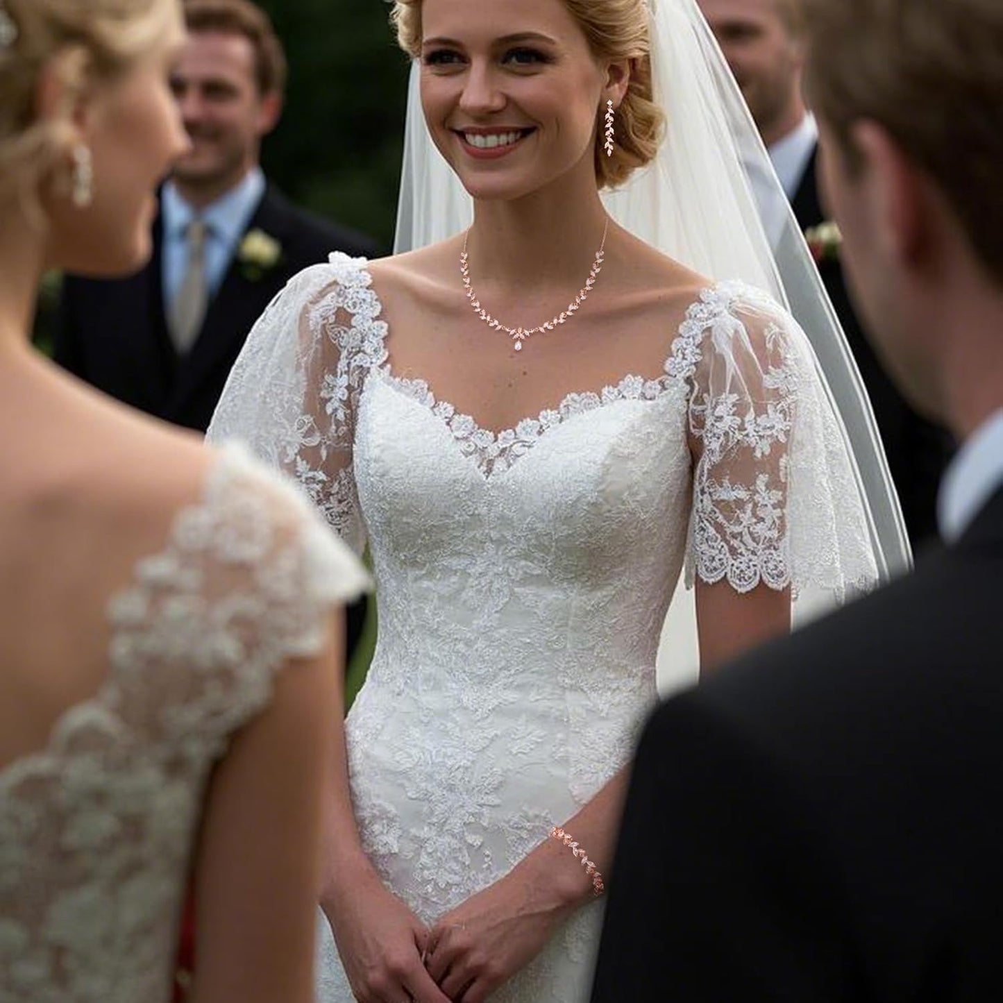 BriLove Wedding Bridal Jewelry for Women Cubic Zirconia Marquise Teardrop Leaf Cluster Y-Necklace Dangle Earrings Link Bracelet Set