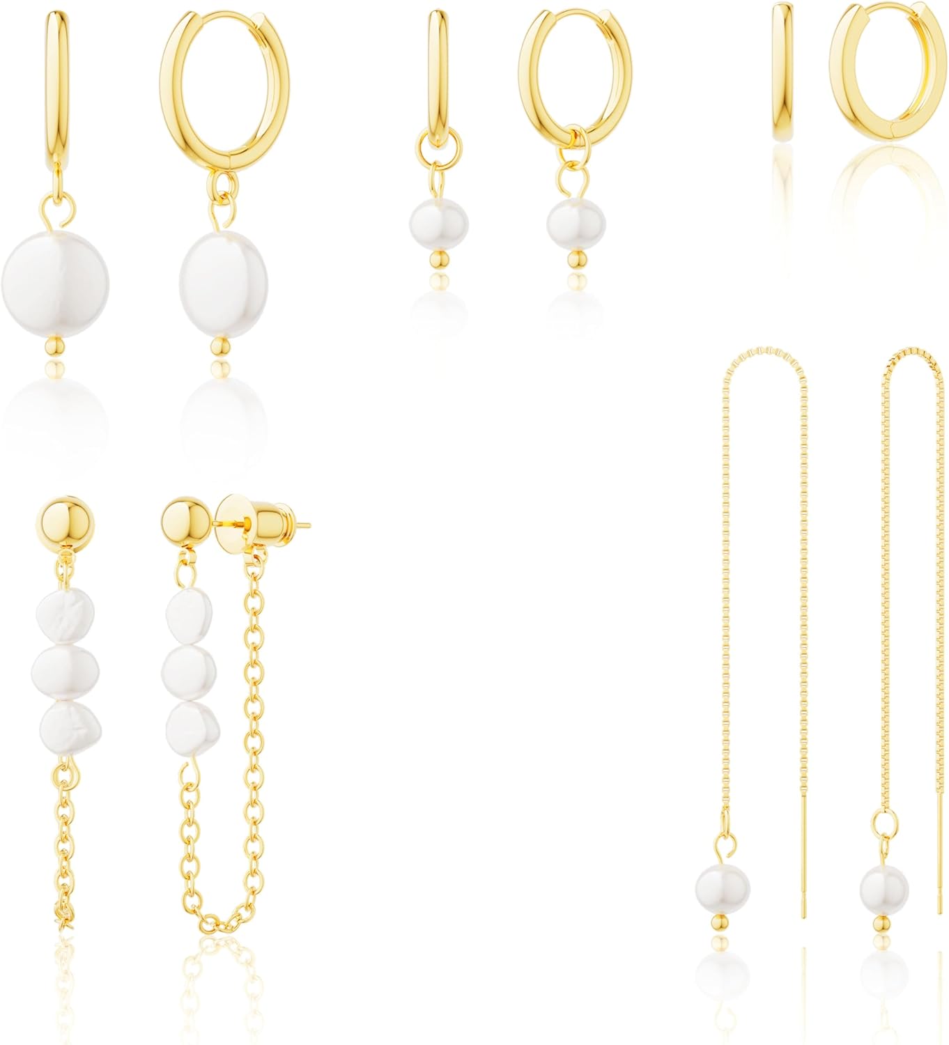 Moodear Gold Earrings for Women No Tarnish - Trendy 14K Gold Plated Pearl Hoop Studs Chain Earrings Stacks for Women Wedding Jewelry Gift