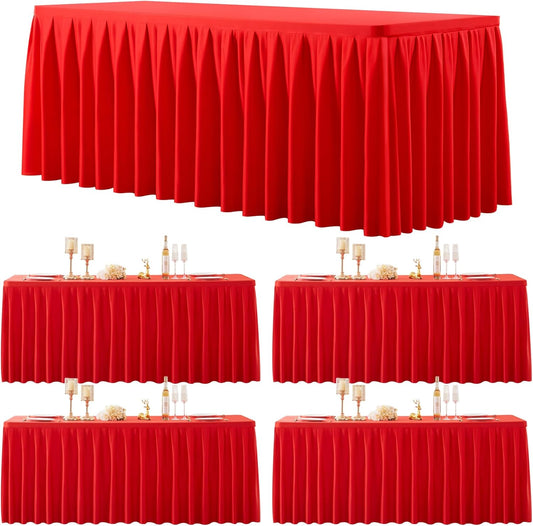 4 Pack Red Rectangle Tablecloth 6 FT Stretch Spandex Fitted Table Cloth for 6 Foot Rectangle Tables Banquet Tablecloths Wrinkle Free Table Cover Skirt Ruffle Tablecloth for Party Wedding Birthday