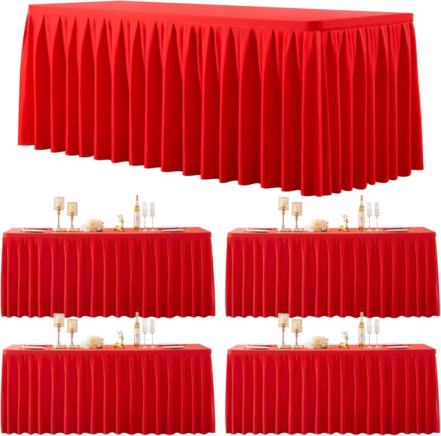 4 Pack Red Rectangle Tablecloth 8 FT Stretch Spandex Fitted Table Cloth for 8 Foot Rectangle Tables Banquet Tablecloths Wrinkle Free Table Cover Skirt Ruffle Tablecloth for Party Wedding Birthday