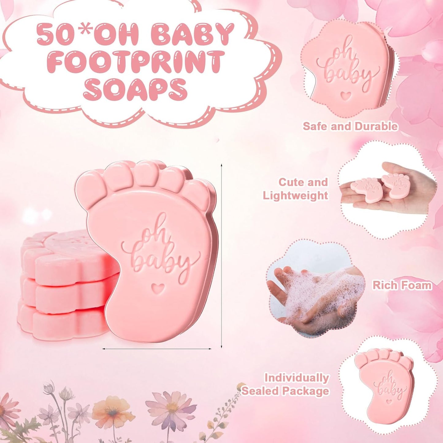 50 Sets Baby Shower Soap Favors for Guests - Mini Handmade Footprint Scented Soap with Thank You Cards and Organza Bag, Party Gifts for Gender Reveal Baptism Shower(Pink)