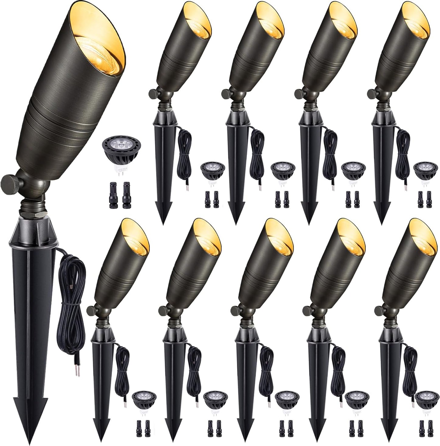 Gardenreet Low Voltage Spotlight LED - 12V Outdoor Light Fixture Weather Proof, Brass Landscape Lights Hardwired, Bronze for Flag Sign with Neutral White MR16 Removable Bulbs (10 Pack)