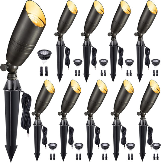Gardenreet Low Voltage Spotlight LED - 12V Outdoor Light Fixture Weather Proof, Brass Landscape Lights Hardwired, Bronze Coastal for Flag Sign with Cool Light MR16 Removable Bulbs (10 Pack)