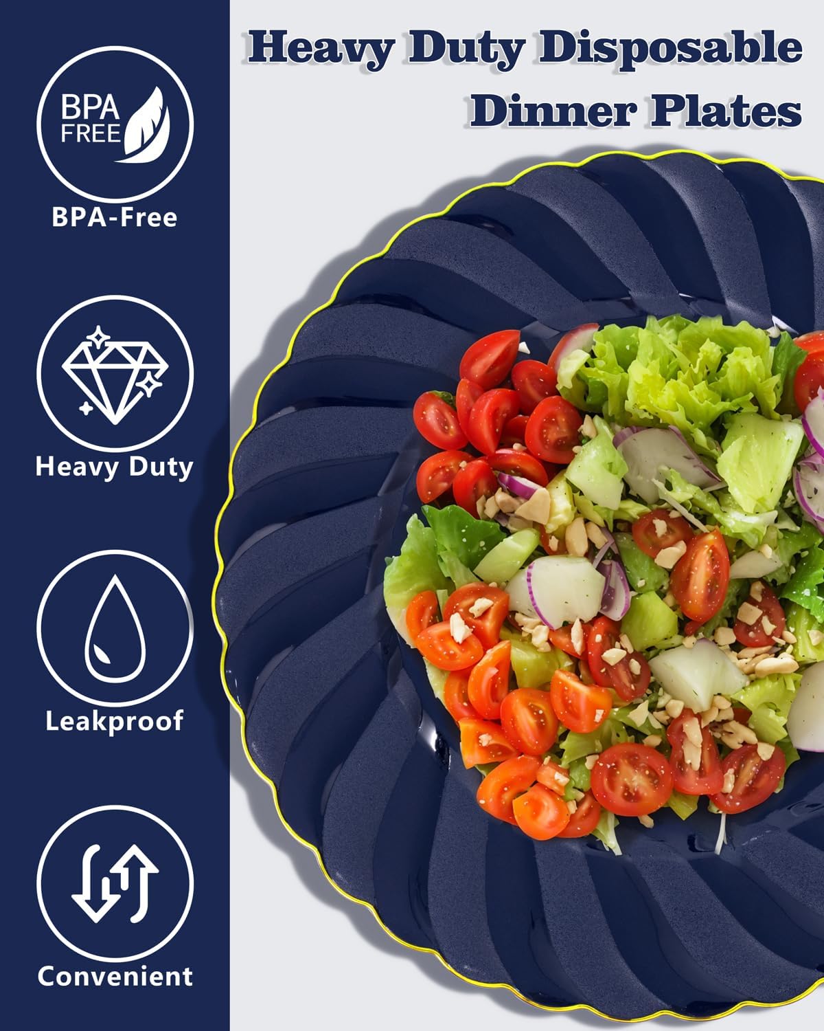 YOUBET 50 Pack Blue Scalloped Plastic Plates - 10.25 Inch Navy Blue Disposable Plates with Gold Rim - High End Elegant Vintage Dinner Plate for Birthday Parties & Wedding