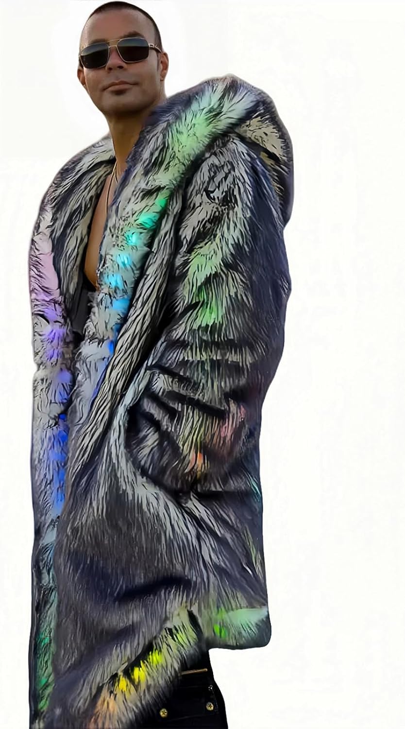 Led Light up Rave Jacket Fur Long Luminous Outfit Winter Warm Glow Party Clothing Flashing 3 Pockets Pirate Coat