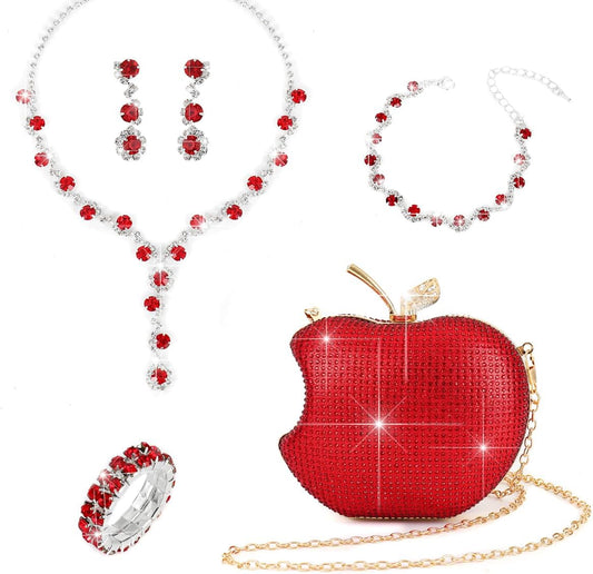 4pcs-piece set of hot diamond chain women's crossbody bag, necklace, earrings, bracelet, dinner bag, party ball bag, birthday and wedding, evening dress bag - excellent gifts Wallet