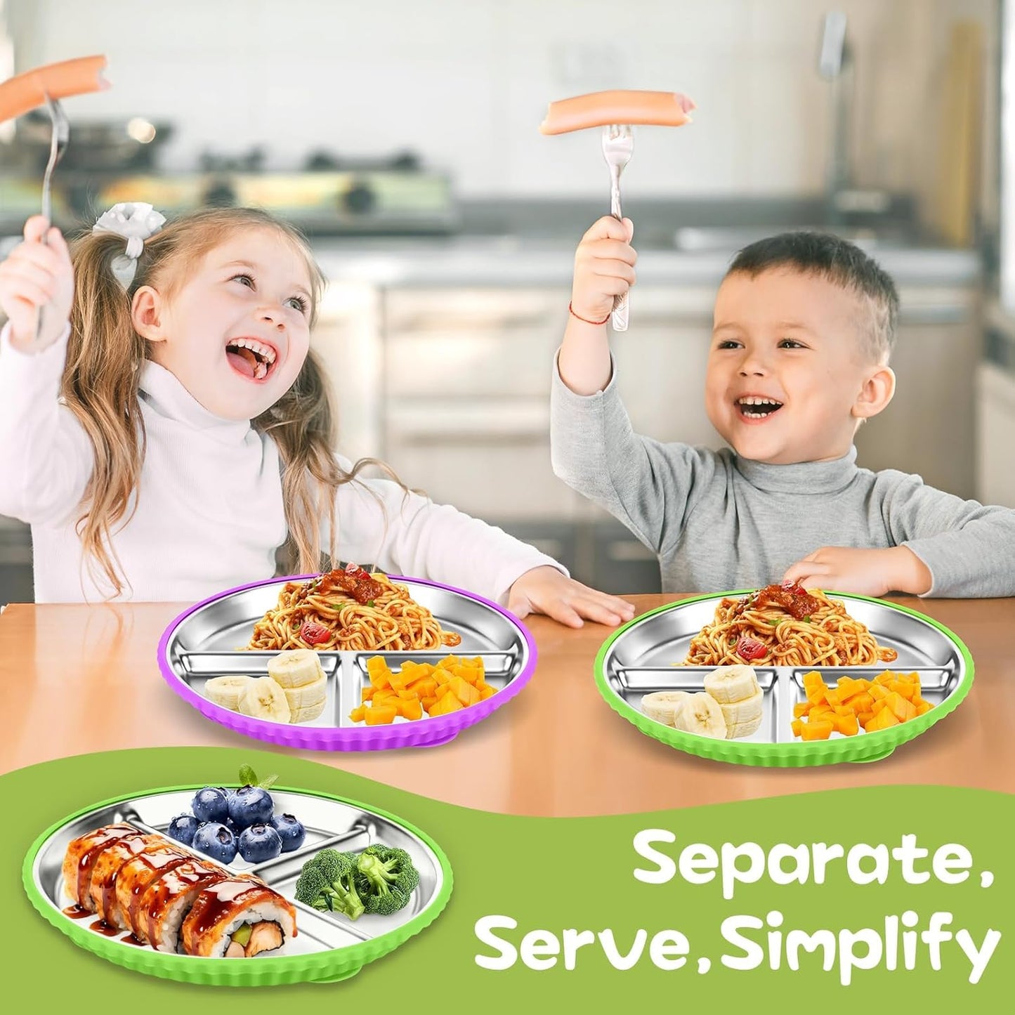 Stainless Steel Kids Plates with Suction, 2Pack 9" Divided Toddler Plates Removable Non Slip Silicone Sleeves Baby Feeding Led Weaning Supplies, BPA Free, Unbreakable Dishwasher Safe