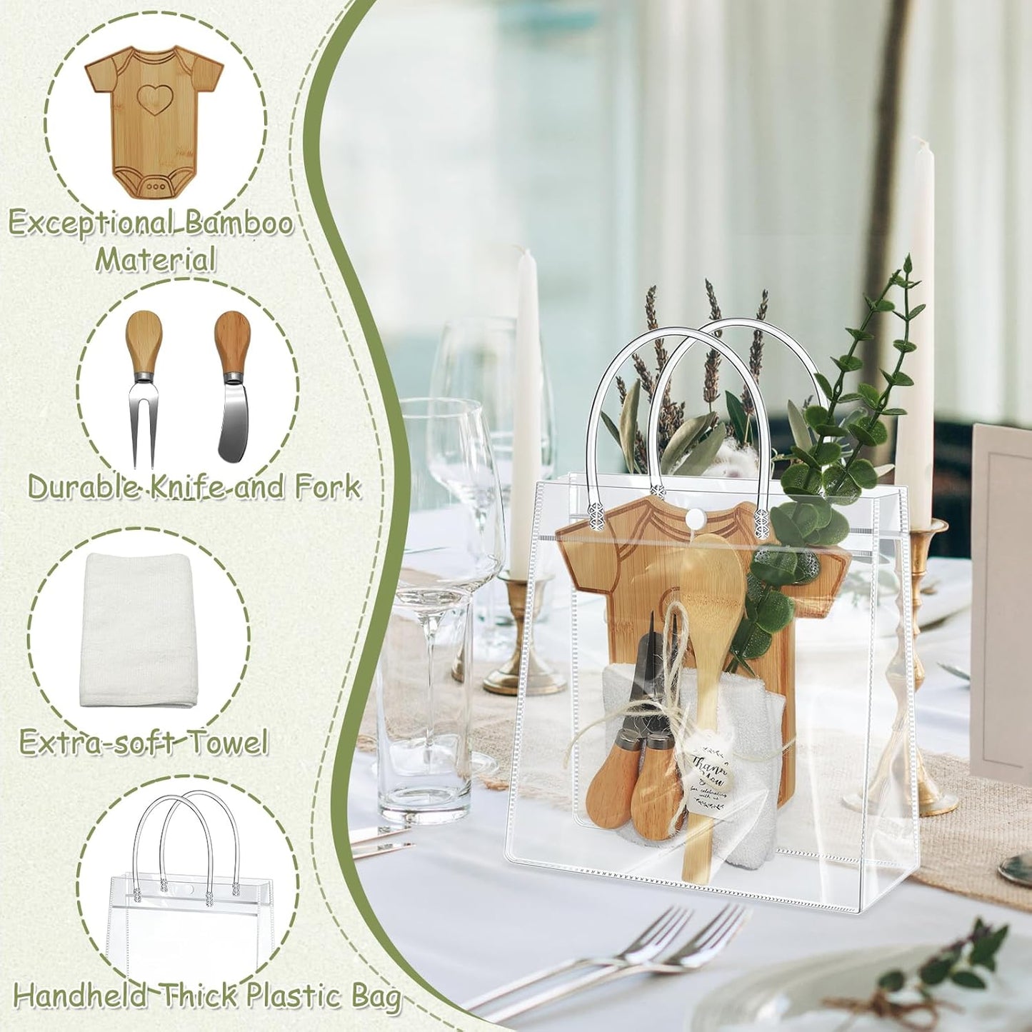 AZEAM 55Pcs Baby Shower Prizes for Game Winners, Bridal Shower Prizes with 6 Sets Clothes Cheese Board Spoon Fork Butter Knife Towel Card Plastic Bag Branch, Wedding Shower Favors for Guests