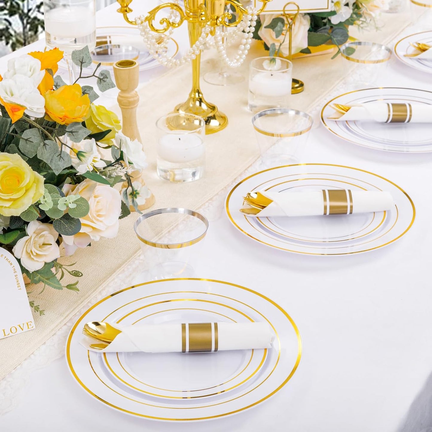 DaYammi 210PCS Gold Plastic Dinnerware Set Thanksgiving Plates Disposable Disposable Plates for Party, Include: 30 Dinner Plates, 30 Dessert Plates, 30 Pre Rolled Napkins with Gold Silverware, 30 Cups
