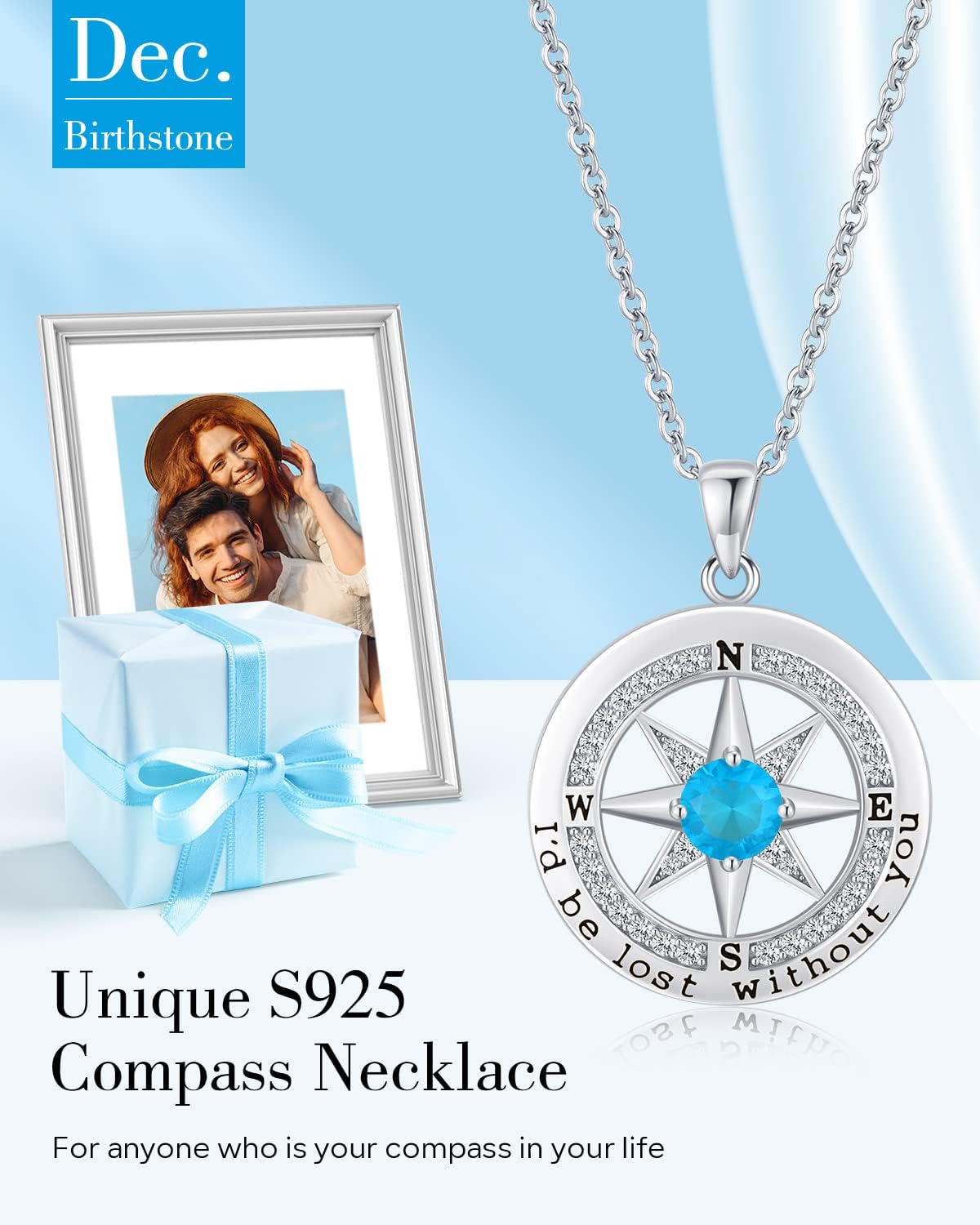 S925 Necklace Gift for Wife |Compass Jewelry |Women Anniversary |Sterling Silver |Girlfriend Birthday Gifts for Her Valentines |I'd be Lost without You |Jewel 18K Gold