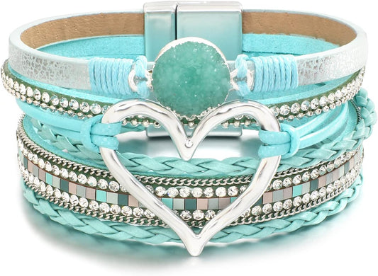 Leather Wrap Bracelet for Women Beaded Cuff Bracelet with Heart-shape Decor Bohemian Crystal Bracelet Jewelry with Clasp Bangle Bracelet for Women Girls Birthday Holiday Gift