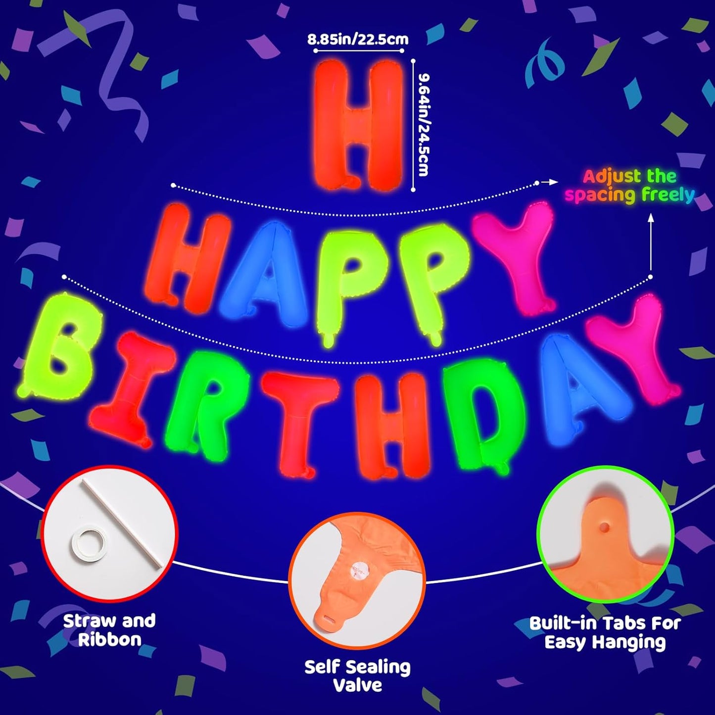 Mega-L Glow in The Dark Party Supplies, 16 Inch Fluorescent Happy Birthday Balloons,Black Light Happy Birthday Sign Photo Booth Props Primary Color Birthday Party Decor for Neon Party