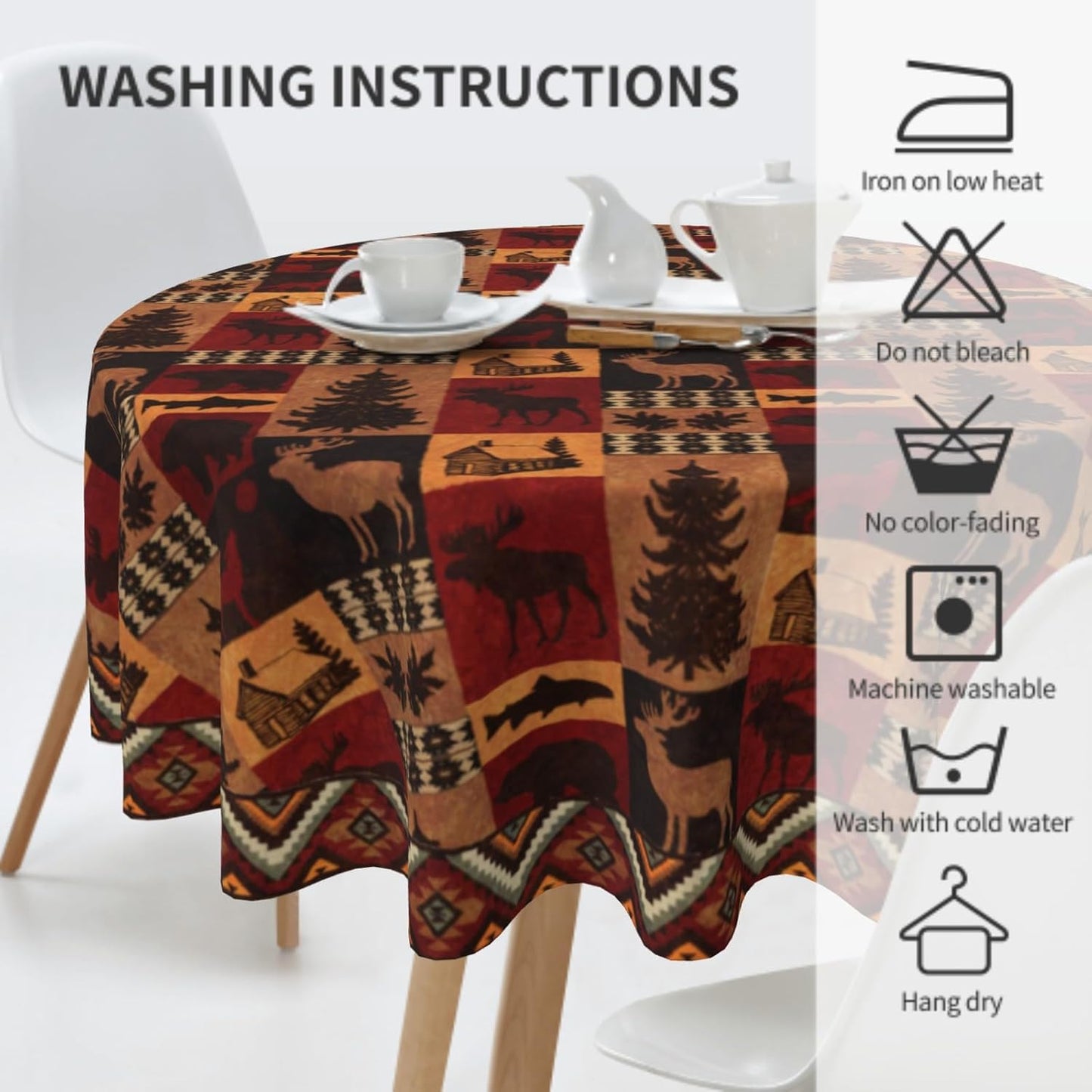 Giwawa Bear Deer Tablecloth Round 60" Rustic Vintage Wildlife Elk Moose Cabin Lodge Forest Animal Tree Farmhouse Country Style Circular Table Cloth Cover for Dining Kitchen Party Picnic Decor