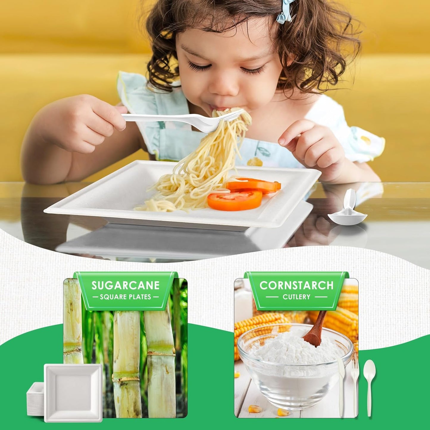 Gezond Compostable Paper Plates Set 300pcs Disposable Sugarcane Plates 10 Inch Eco-friendly White Square Plate with Napkins Biodegradable Heavy-duty Utensils for Party