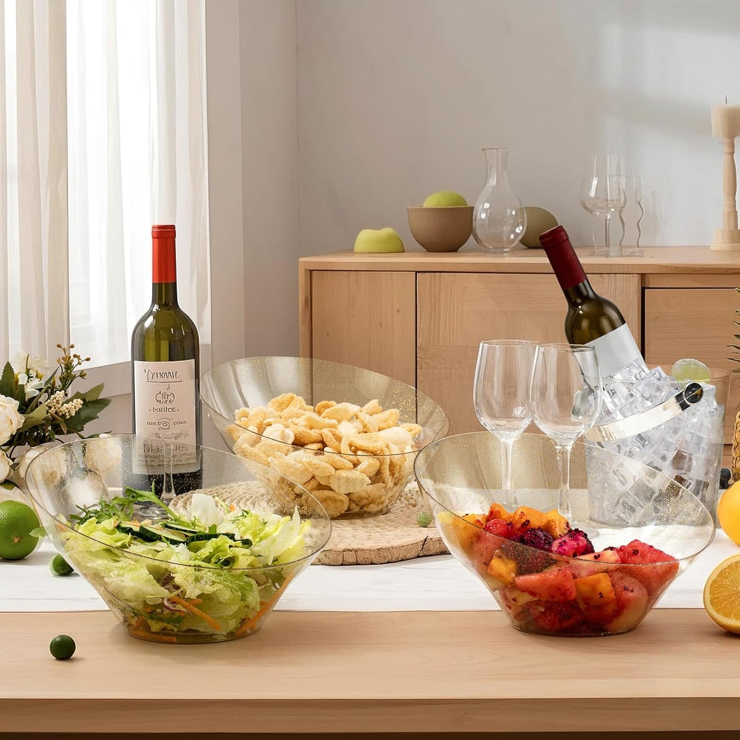 BESTVIP 54oz Clear with Gold Glitter Serving Bowls for Party - 12 Pack Angled Disposable Serving Bowls for Chips, Snacks, Fruit, Salad - Decorative Catering Bowls for Daily Use,Halloween, Christmas