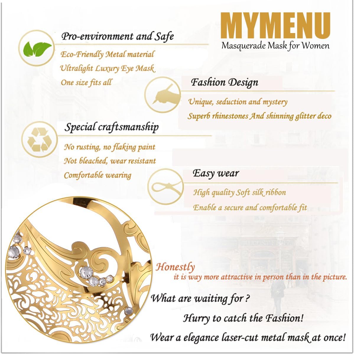MYMENU Masquerade Mask for Women Shiny Rhinestone Metal Mask Venetian Mask for Party Prom Ball