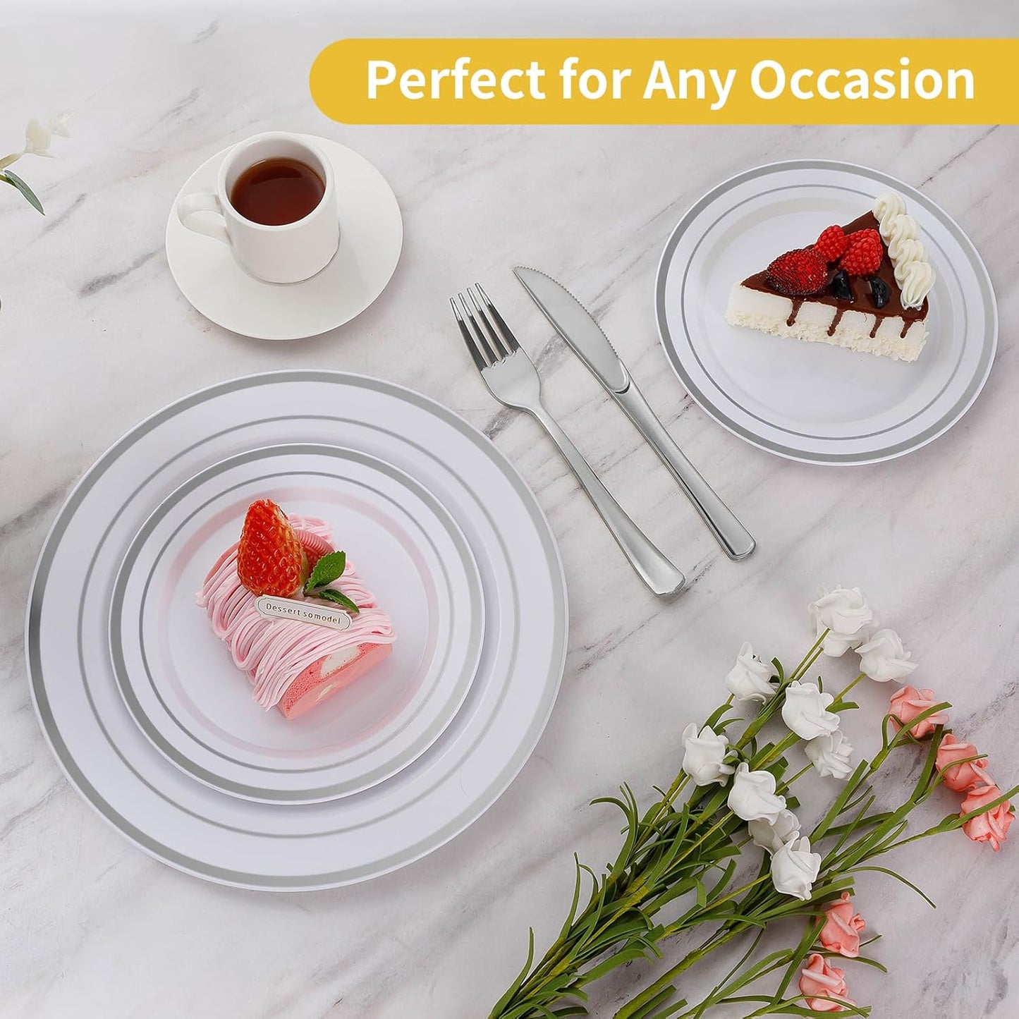 Goodluck 120PCS Silver Plastic Plates, Heavy Duty Disposable Silver Plates with 60 10.25 inch Dinner Plates and 60 7.5 inch Dessert Plates, Disposable Plates for Party, Holiday, Wedding