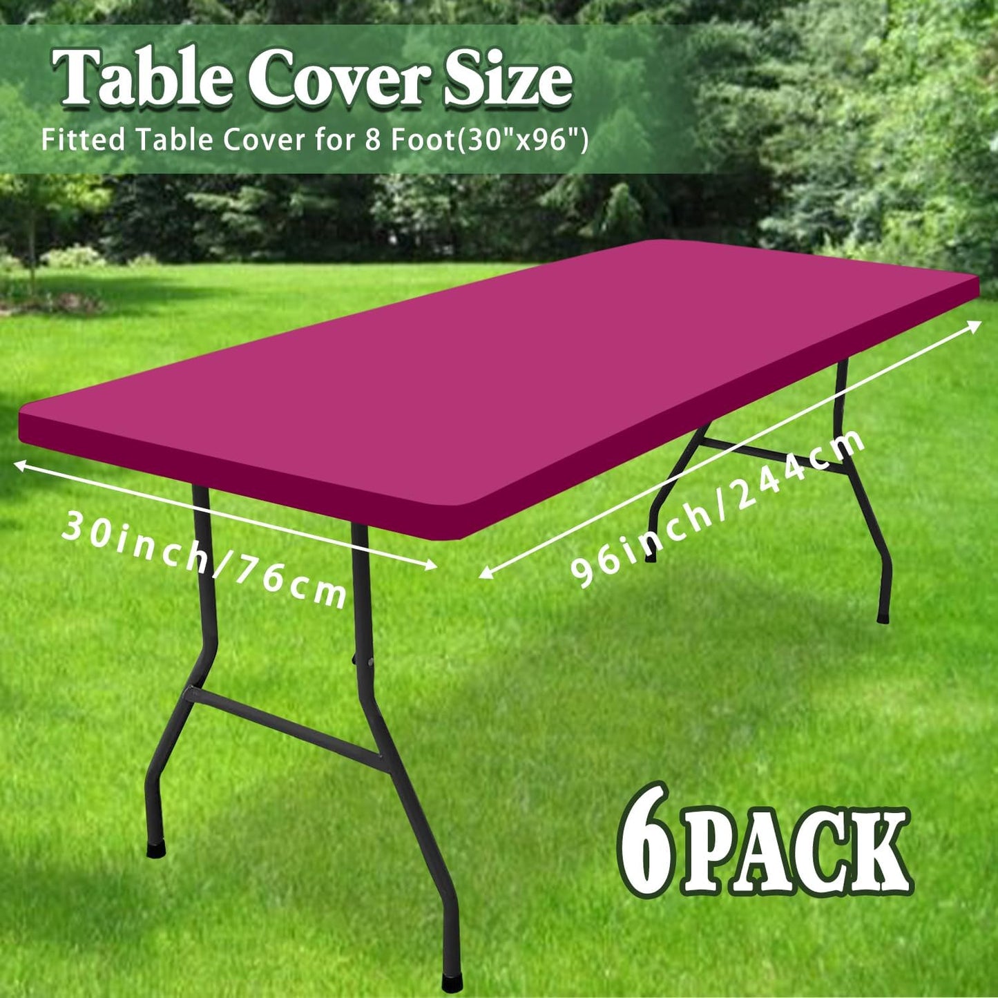 6 Pack Picnic Table Cover Elastic Fitted Outdoor Tablecloths for 8 Foot Rectangle Tables Waterproof Stretch Washable Patio Folding Spandex Table Cloth Camping Banquet Parties (Hot Pink,30" x 96")