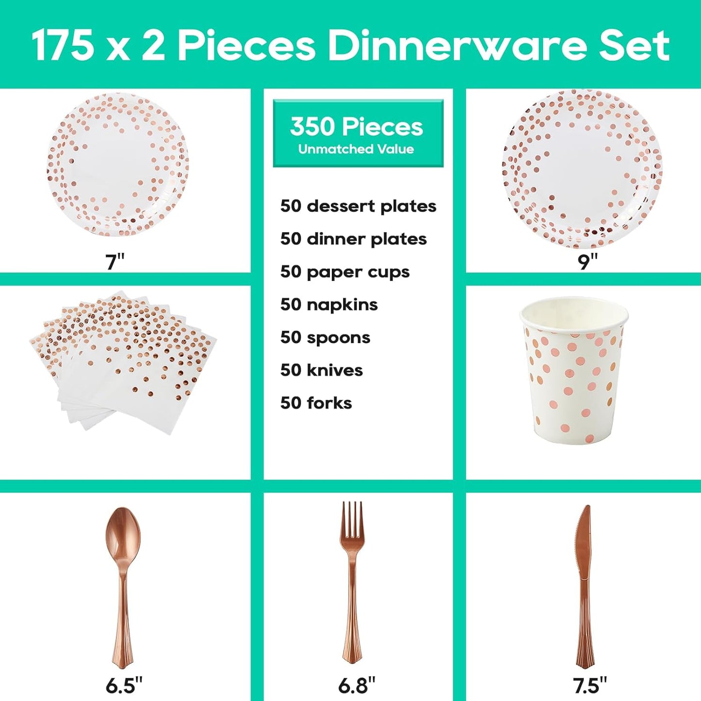 White and Rose Gold Party Supplies - 350 PCS Disposable Dinnerware Set - White Paper Plates Napkins Cups, Gold Plastic Forks Knives Spoon for Graduation, Birthday, Thanksgiving, Cocktail Party