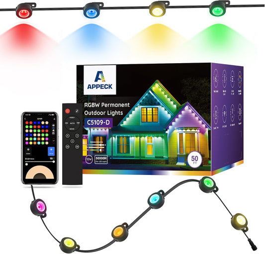 APPECK Permanent Outdoor Lights 50ft with 36 RGBW LEDs, DIY Scene Modes, LED Eaves Lights Waterproof with App Control, for Daily Holiday House Decorations, Voice/Remote Control, Black