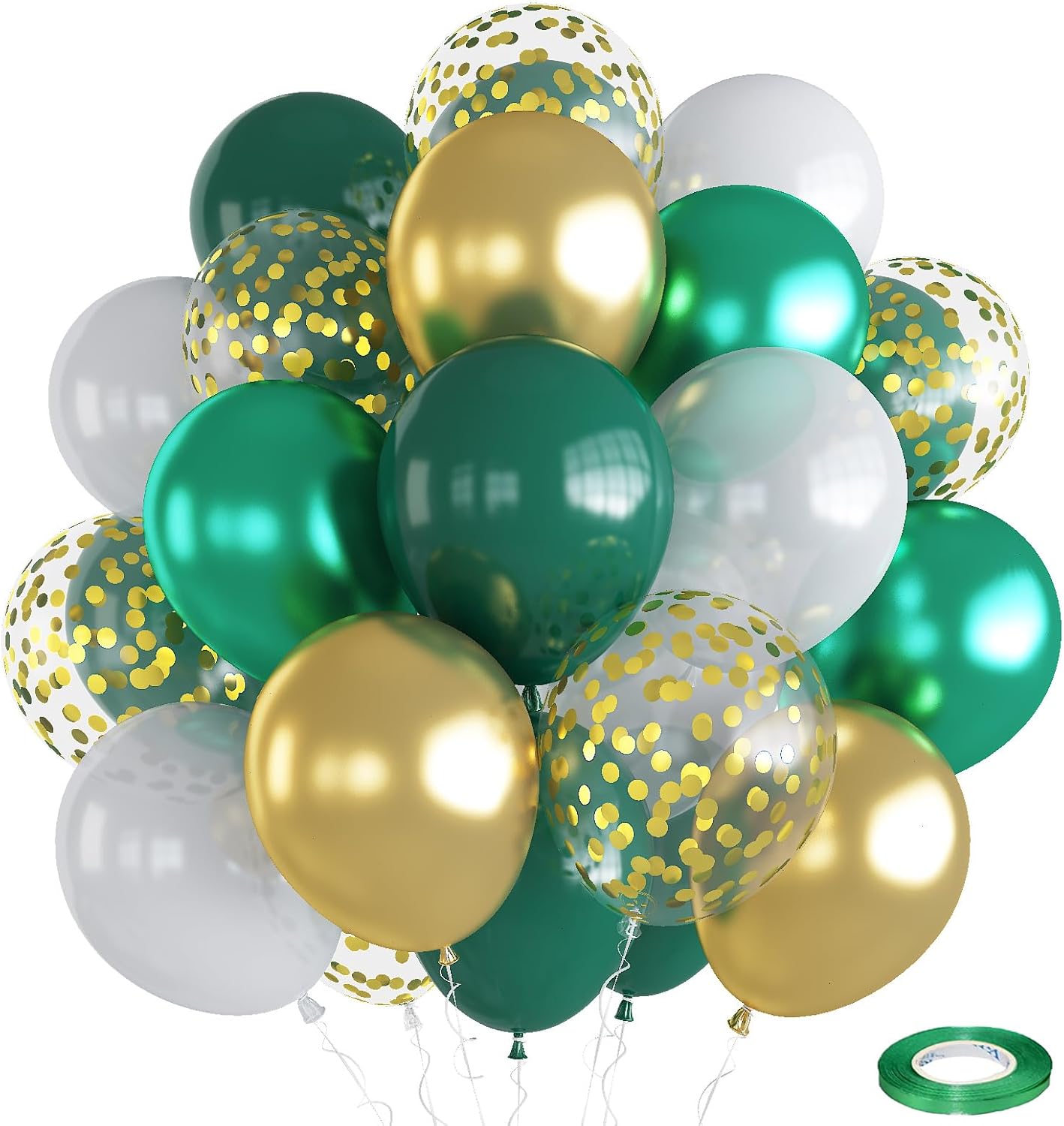 Balloons Green Gold White, 35pcs Dark Green White Metallic Chrome Green Gold Confetti Latex Balloons, Green Party Balloons Kit for Jungle Safari Dinosaur Birthday Party Wedding Baby Shower Decorations