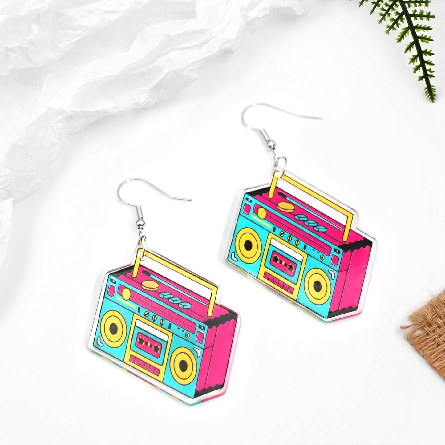 80s 90s Retro Cassette Tape Neon Earrings for Women Acrylic Radio Earring Set for 80s 90s Accessories Cosplay Party Jewelry Gifts