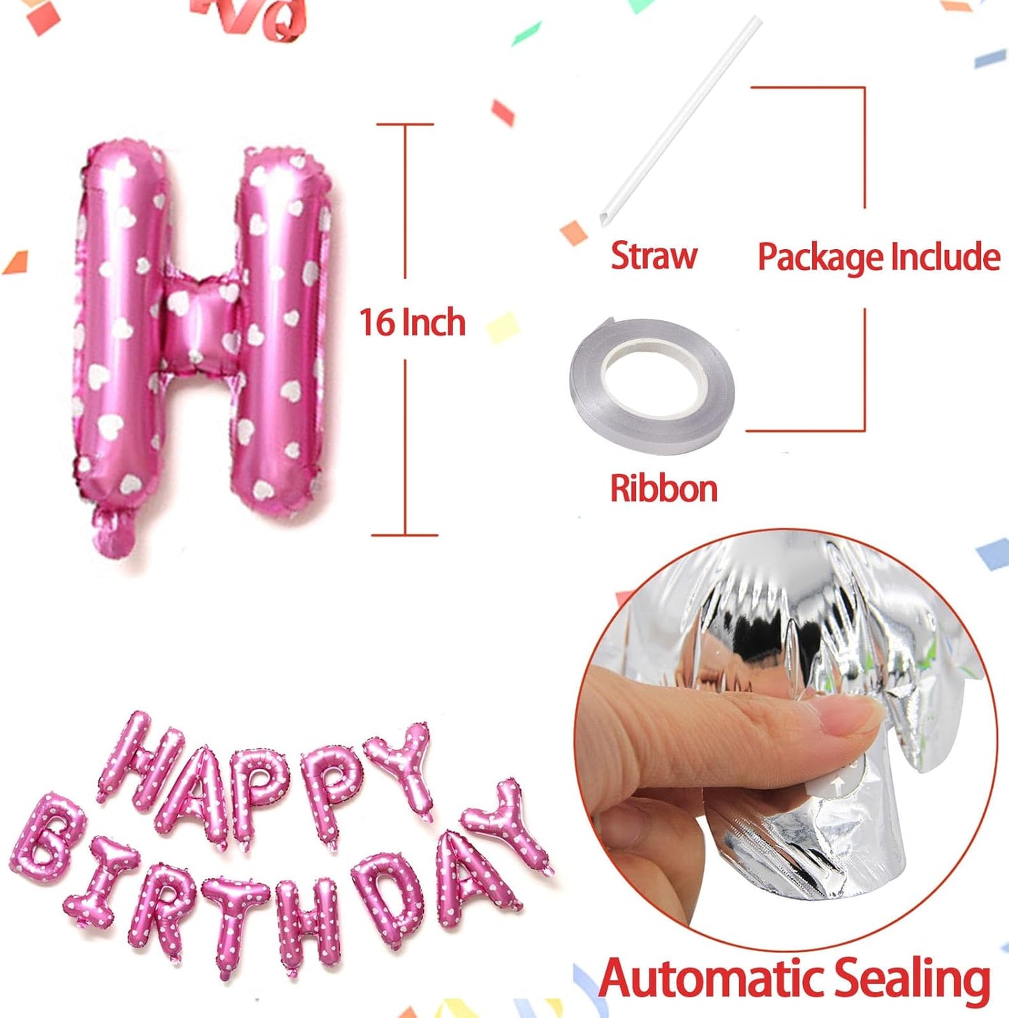 KALOR Pink Happy Birthday Balloons Banner, 16 Inch Mylar Foil Letters Balloon Sign for Women, Men, Boys & Girls Kids Birthday Decorations Photo Backdrop