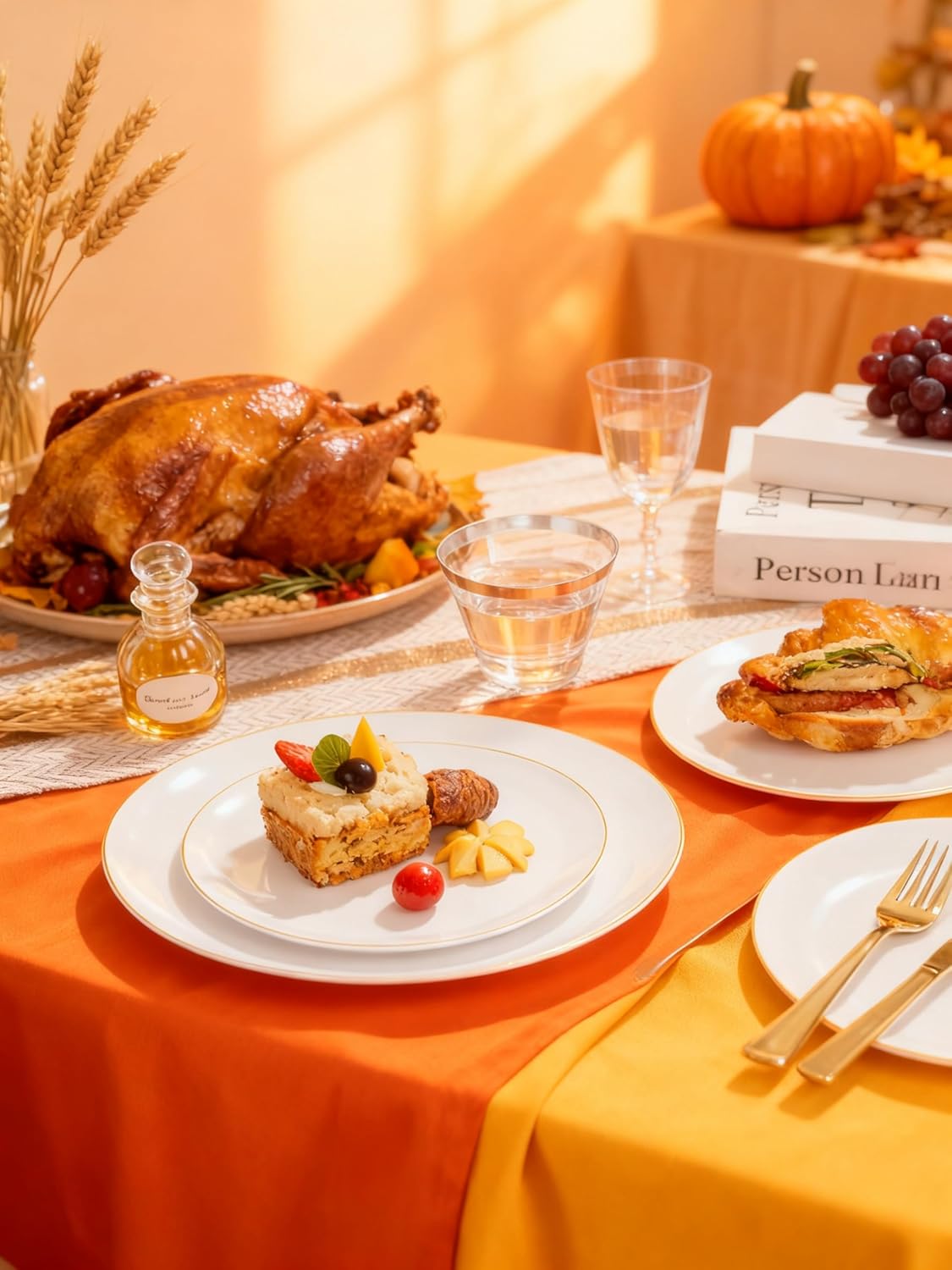 WDF 300PCS White and Gold Plates - Wedding Plastic Dinnerware Set for 50 Guests Include 50 Dinner & 50 Cake Plates, 50 Cutlery, 50 Cups for Wedding, Birthday, Thanksgiving Party