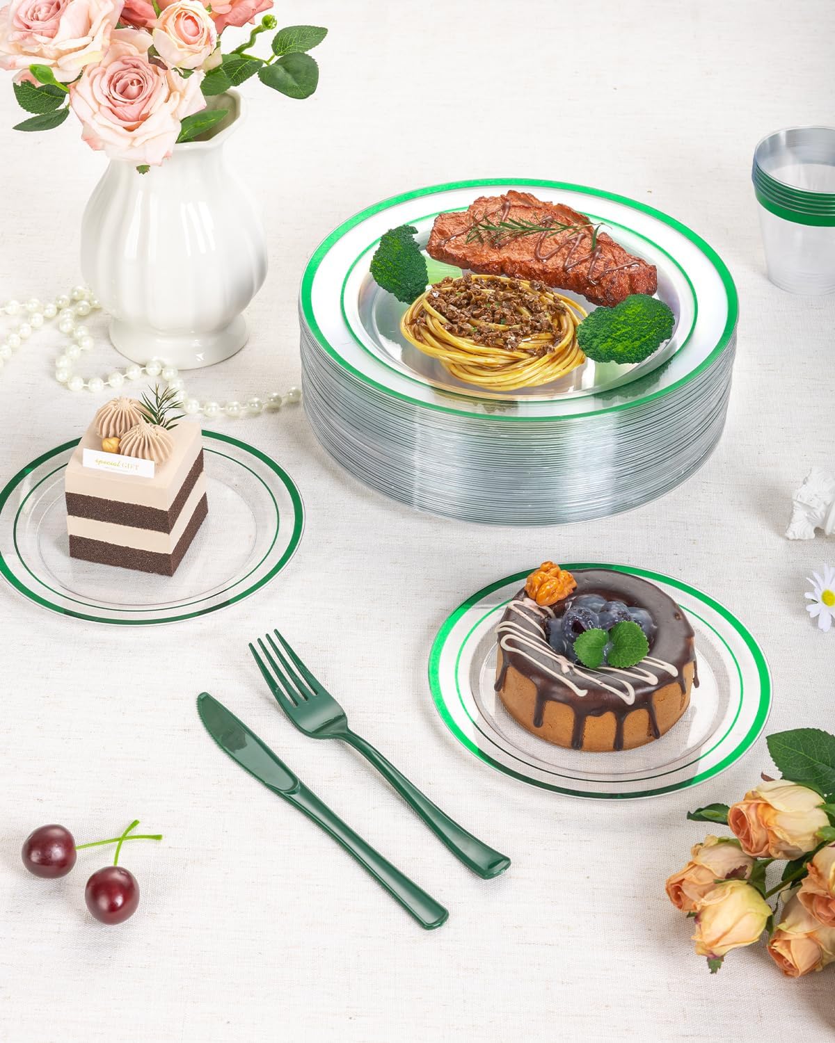 Goodluck 350 Piece Green Plastic Plates, Clear Plastic Silverware Disposable Plates Set, Include 100Plates, 50Pack Pre Rolled Napkins with Silverware, 50Cups for Party, Wedding, Graduation
