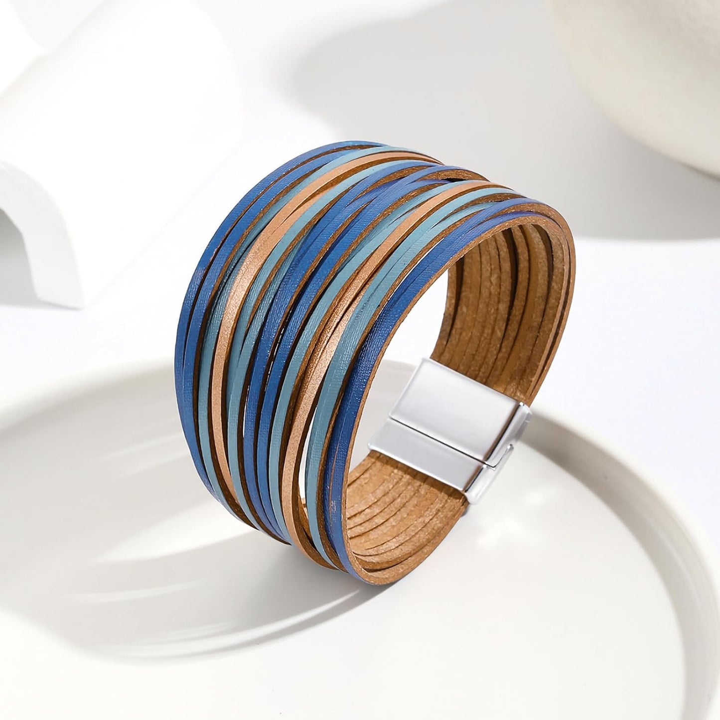 Fesciory Leather Wrap Bracelets for Women, Boho Leopard Multi-Layer Crystal Beads Cuff Bracelet Jewelry