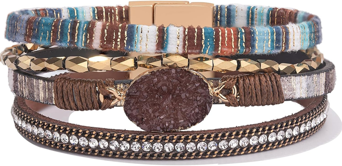 FANCY SHINY Leather Wrap Bracelet Boho Cuff Bangle Bracelets Crystal Bead Bracelet with Magnetic Clasp Jewelry Gifts for Women