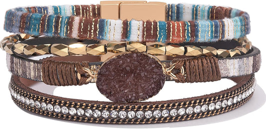 FANCY SHINY Leather Wrap Bracelet Boho Cuff Bangle Bracelets Crystal Bead Bracelet with Magnetic Clasp Jewelry Gifts for Women