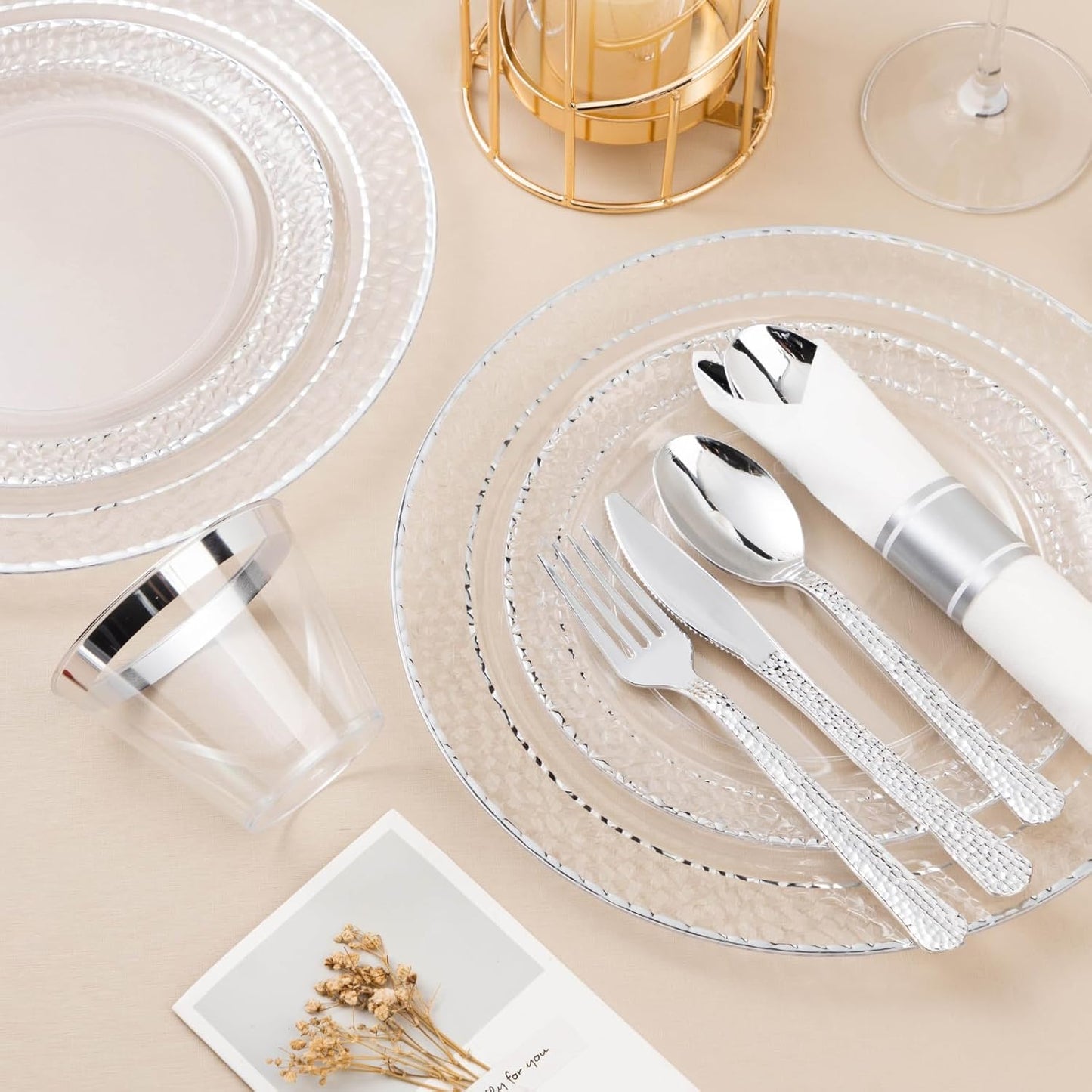350PCS Clear Plastic Plates with Silver Trim for 50 Guests, Disposable Dinnerware Set for Party & Wedding, Includes 100 Plastic Plates, 50 Pre Rolled Napkins with Silver Silverware, 50 Cups