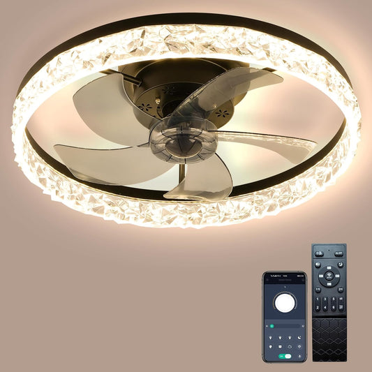 20" Low Profile Ceiling Fan with Light Modern Fandelier Ceiling Fan with Lights Dimmable LED Reversible Blades Timing with Remote Control Black Fan Lights for Living Room Small Room