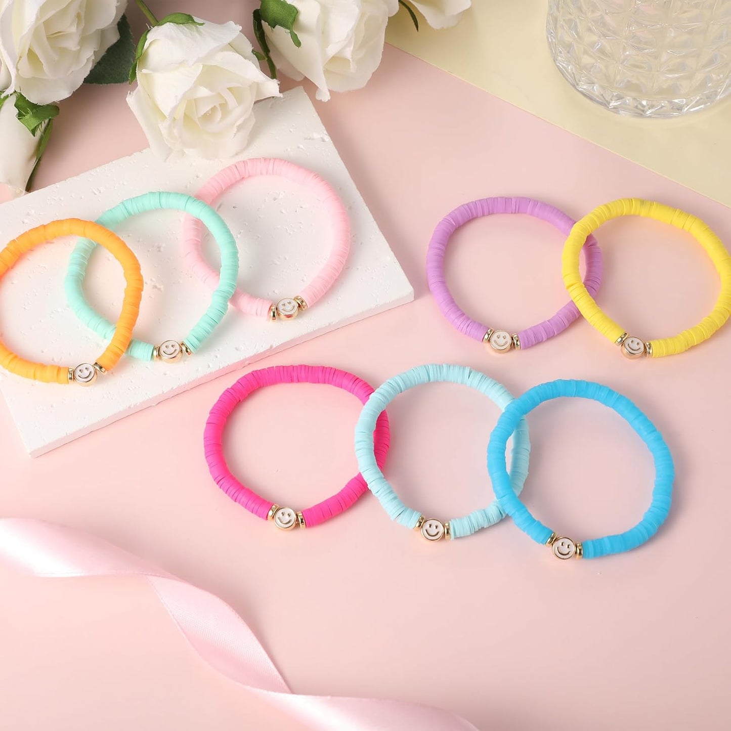 Preppy Bracelets Set Colorful White Gold Smile Heart Star Polymer Beaded Pearl Clay Stackable Charm Y2K Kidcore Aesthetic Summer Beach Bohemian Stretch Layering Bracelets Jewelry for Girls Women Teens