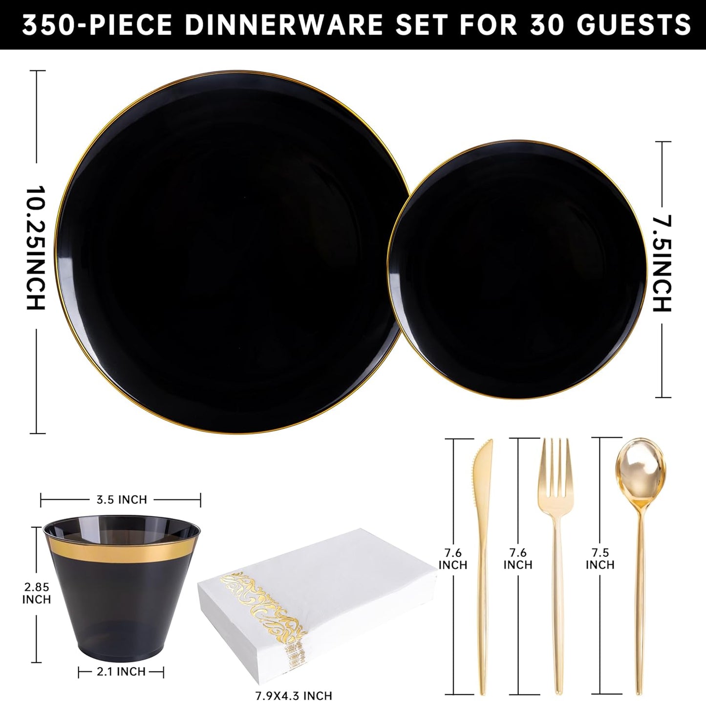MirthMood 350Pcs Black and Gold Disposable Plates,Black Plates, Black and Gold Plates Include 30 Dinner,Dessert Plate,30 Cup&30 Napkins, 90 Gold Silverware for Wedding & Party & Birthday & Halloween