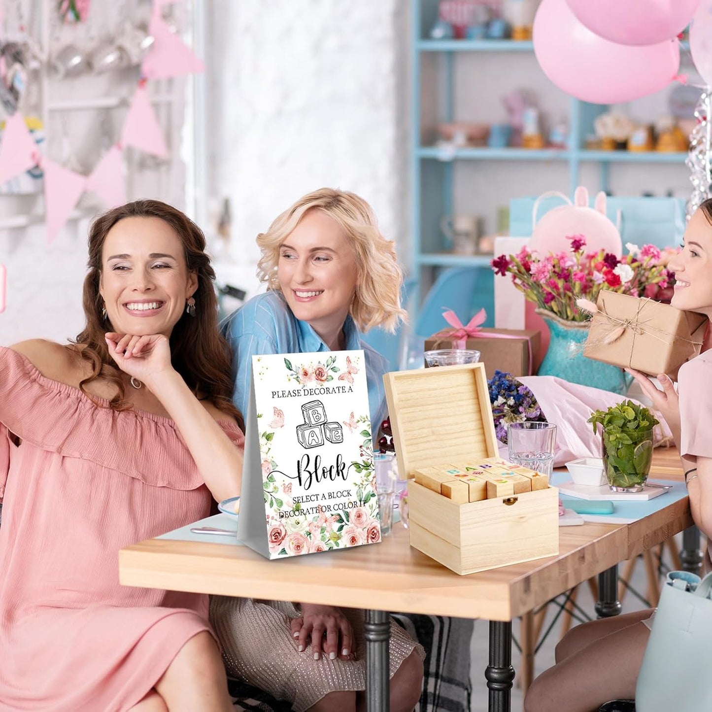 Marsui 136 Pcs Baby Shower Blocks to Decorate Game Kit Includes 98 Wooden Blocks, 36 Markers, 1 Game Sign, 1 Storage Box for Baby Shower Gender Reveal Activity Party Decorations(Flower)