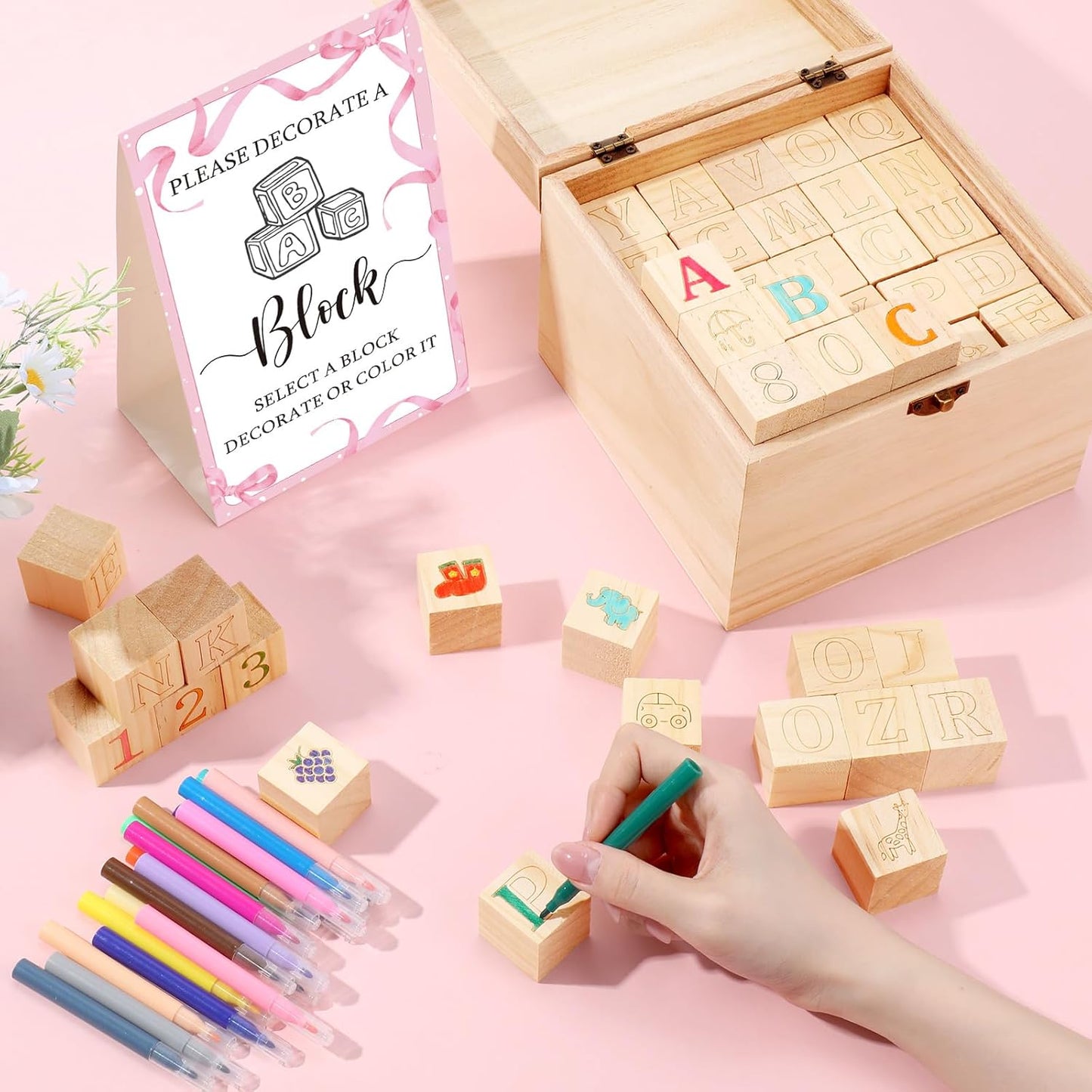 Marsui 136 Pcs Baby Shower Blocks to Decorate Game Kit Includes 98 Wooden Blocks, 36 Markers, 1 Game Sign, 1 Storage Box for Baby Shower Gender Reveal Activity Party Decorations (Pink Bow)