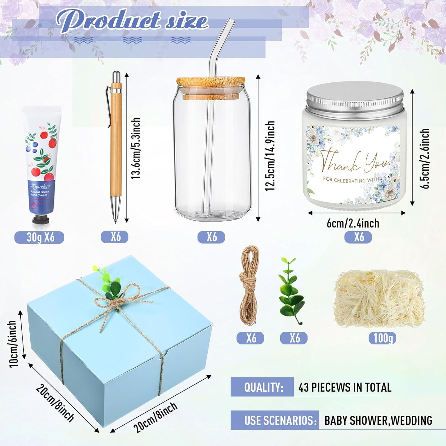 6 Sets Baby Shower Game Prizes for Winners, Glass Cup Scented Candles Hand Cream Pens Gift Box with Raffia for Baby Shower Wedding Bridal Favors for Guests(Blue)