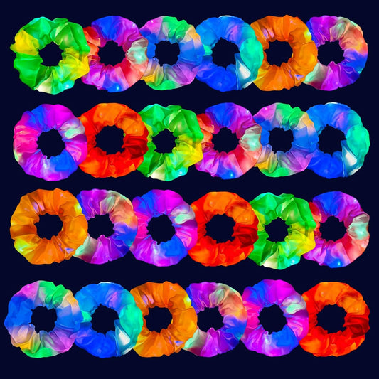 24PCS Light up Scrunchies for Girls, Glow in the Dark Party Supplies, 3 Glow Mode Satin Scrunchy, LED Hair Accessories for Birthday Party, Rave Party, Festival & Sleepover Party