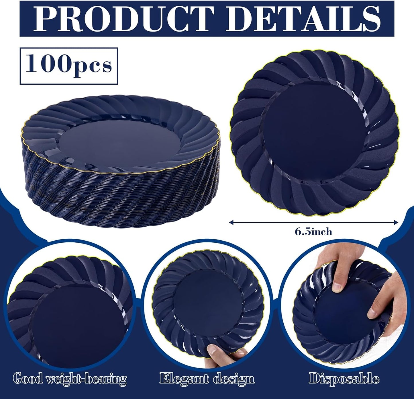 YOUBET 100 Pack Blue Scalloped Plastic Plates - 6.5 Inch Navy Blue Disposable Plates - High End Elegant Vintage Dessert Plate for Party & Weeding & Birthday
