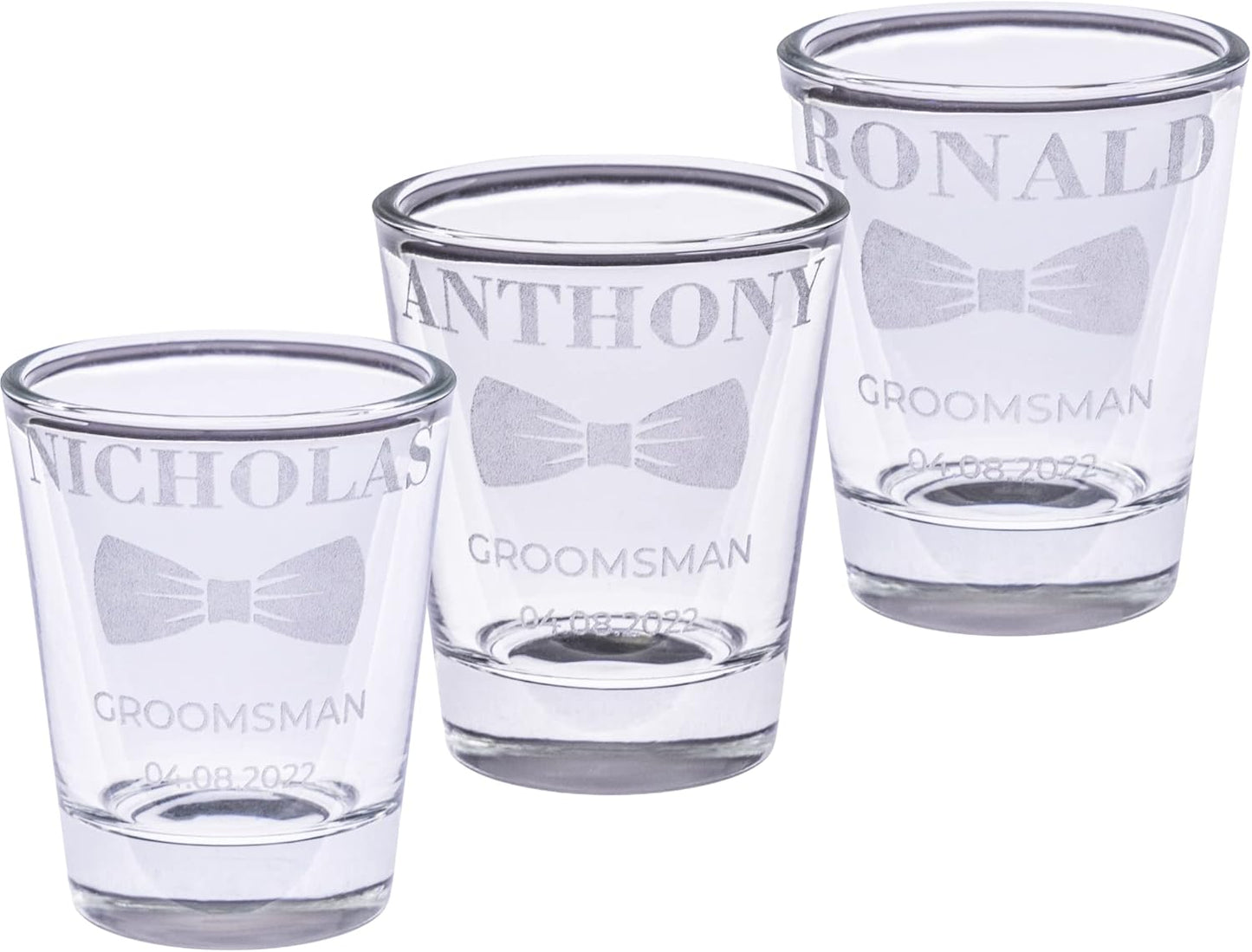 Gifts Inscribed Personalized Shot Glasses Set of 3 – Custom Engraved Groomsmen Glasses – Wedding, Bachelor Party, Drinking Gift for Men, Whiskey Vodka Tequila Shooters