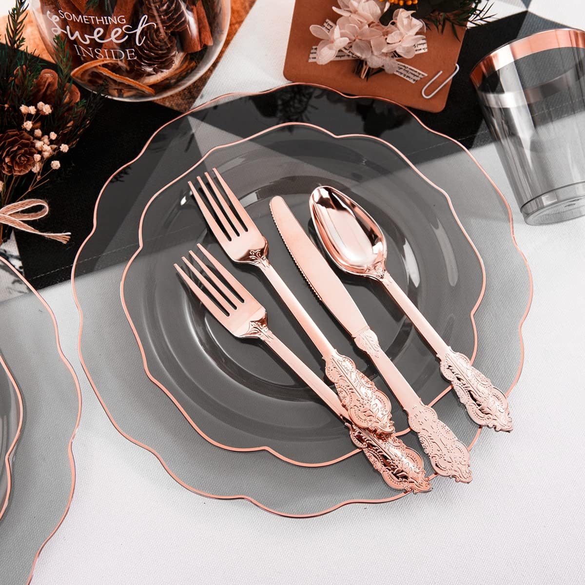BUCLA 30Guests Clear Black Plastic Plates With Rose Gold Silverware & Cups - Rose Gold Rim Plastic Dinnerware Ideal for Party, Halloween & New Year