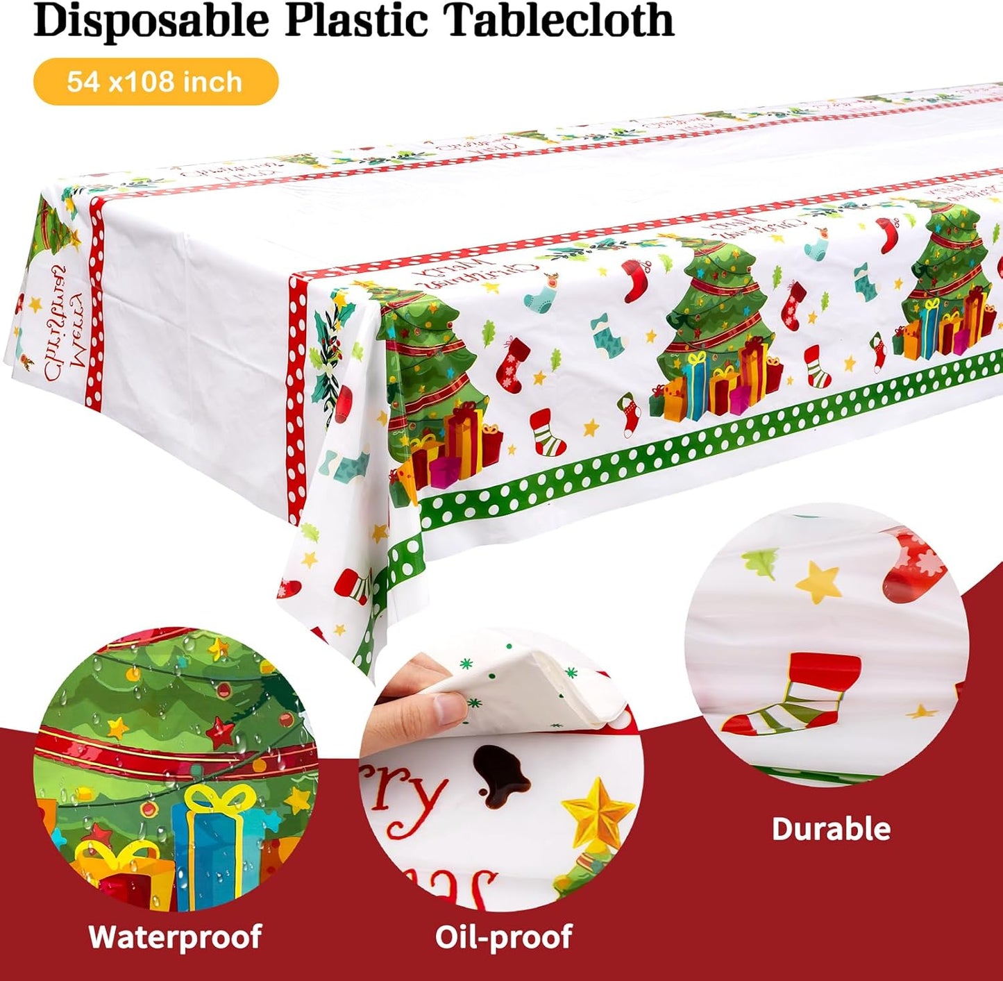 GATHER 176Pcs Christmas Plastic Plates - Green Christmas Plates Disposable and Red Cutlery Set Includes 50 Plate 75 Plastic Silverware 25 Cups 25 Napkins and 1 Tablecloths for Xmas Party