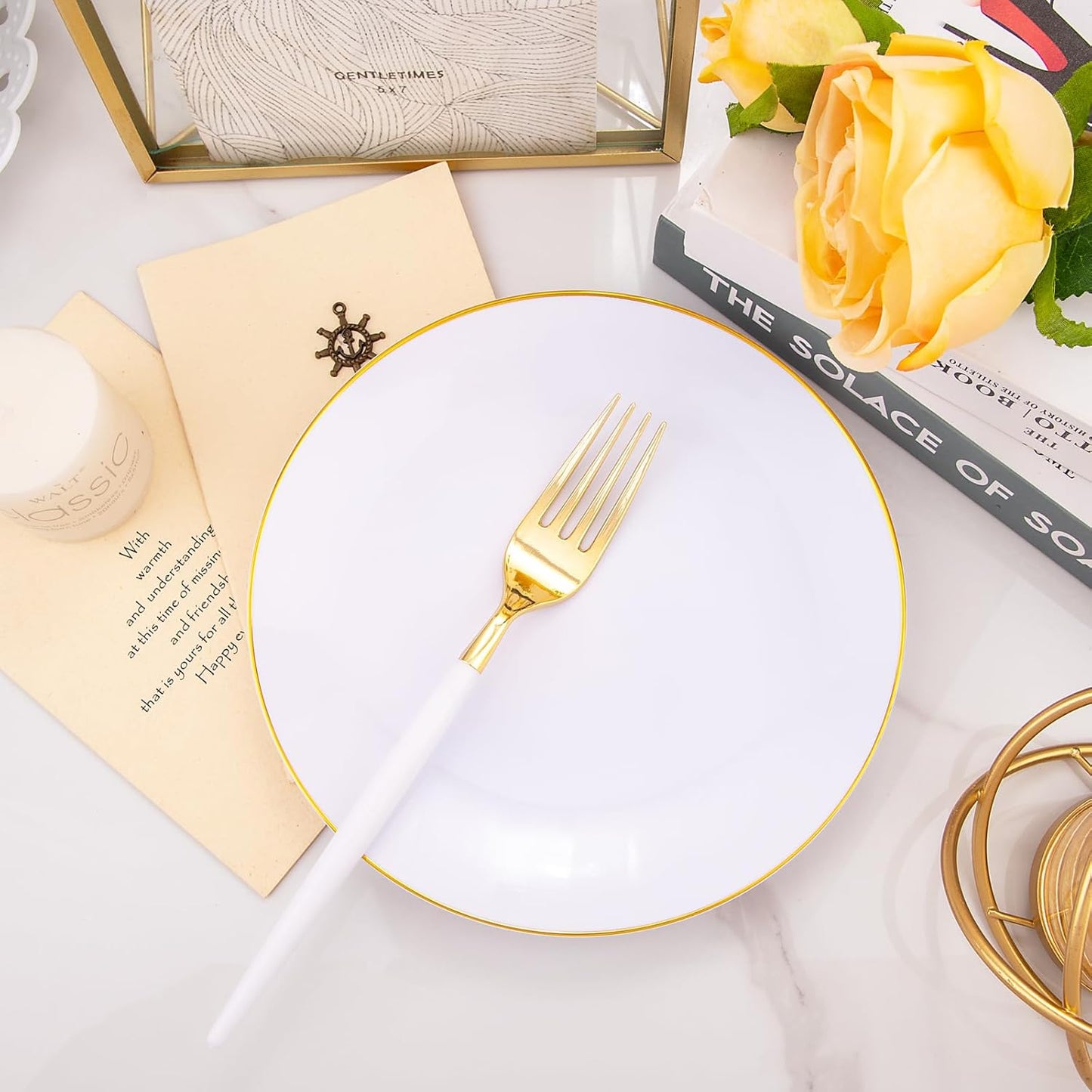 I00000 72PCS White Plastic Dessert Plates 7.5" with 72PCS Disposable Forks 8.5", Disposable White Dessert Plate, Fancy Salad Plates with Gold Rims Perfect for Wedding