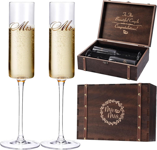Wedding Champagne Flutes-Mr. and mrs. Champagne Glasses Engagement Gifts for Bride and Groom Wedding Keepsake Box Mr Mrs Anniversary Couple Gift